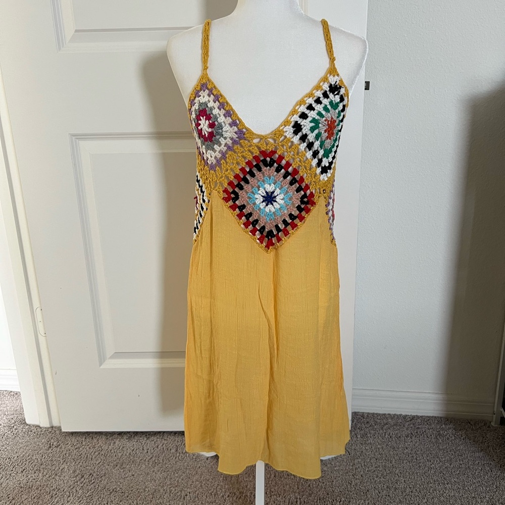 EUC SHEIN Yellow Crochet Granny Square Dress Small